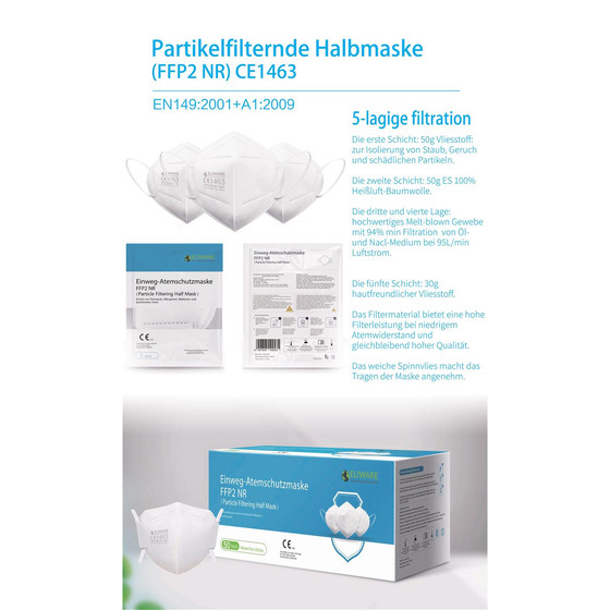 5-Lagige Partikelfilternde FFP2 Atemschutzmaske Weiß - Dermatest note Sehr Gut